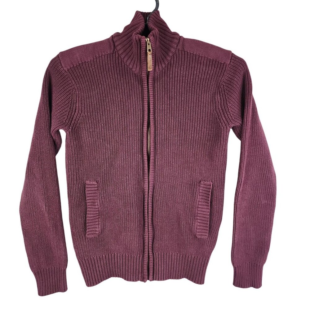 Mens H&M L.O.G.G. Burgundy Sweater Jacket Full Zip 100% Cotton Ribbed Knit L